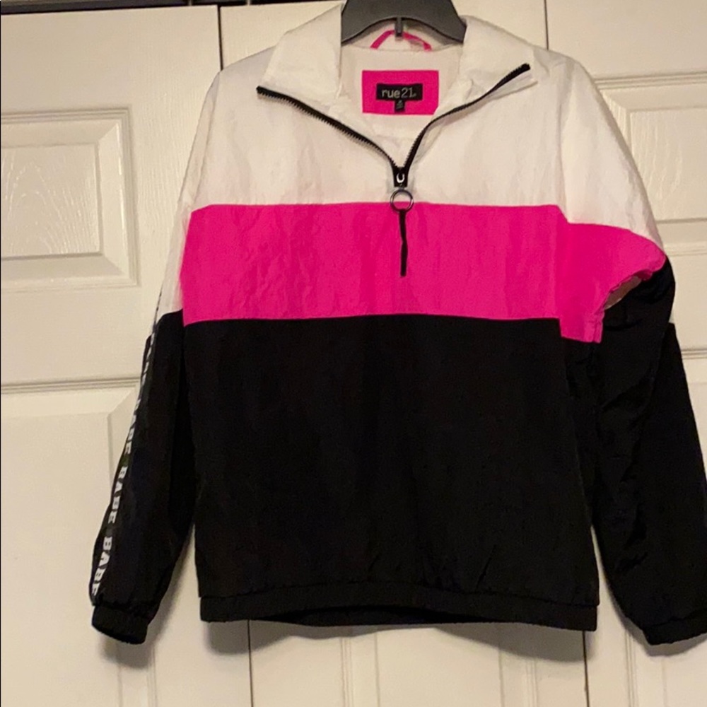 black white pink windbreaker says babe on it